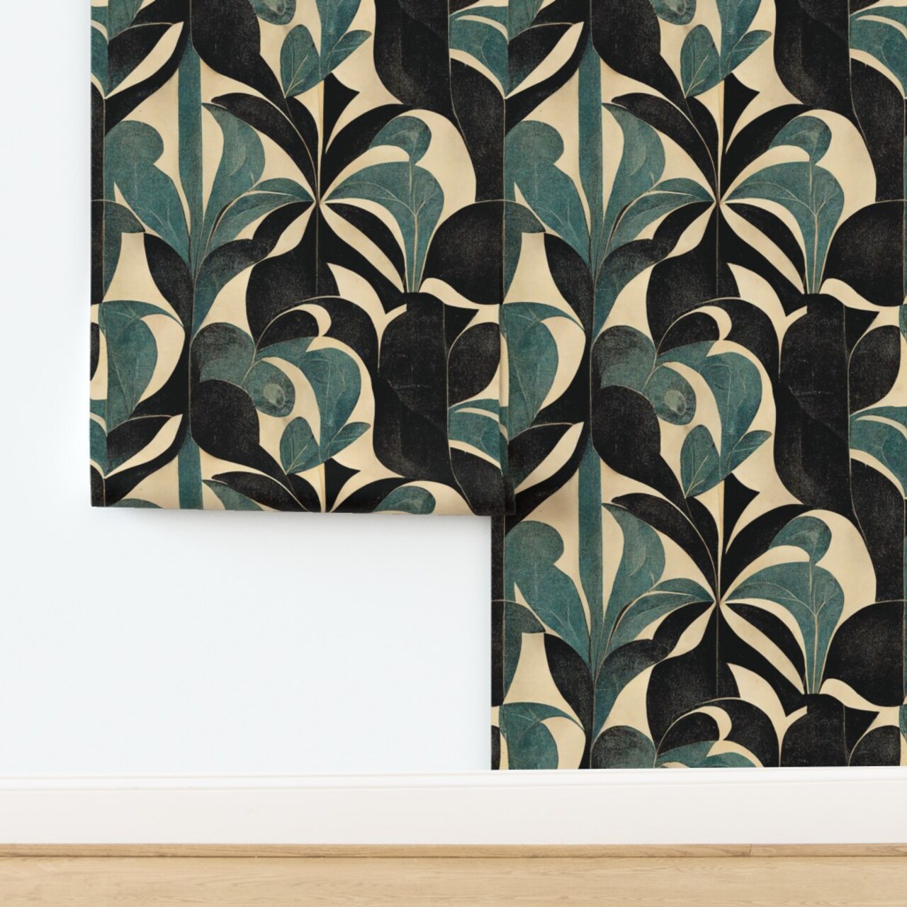 Art Deco Leaves Botanical Geometric 1920S Arches Abstract Weathered Faux Distressing Vintage Antique Retro Black And Green Custom Removable Wallpaper by Spoonflower Peel & Stick Wallpaper 2FT Wide